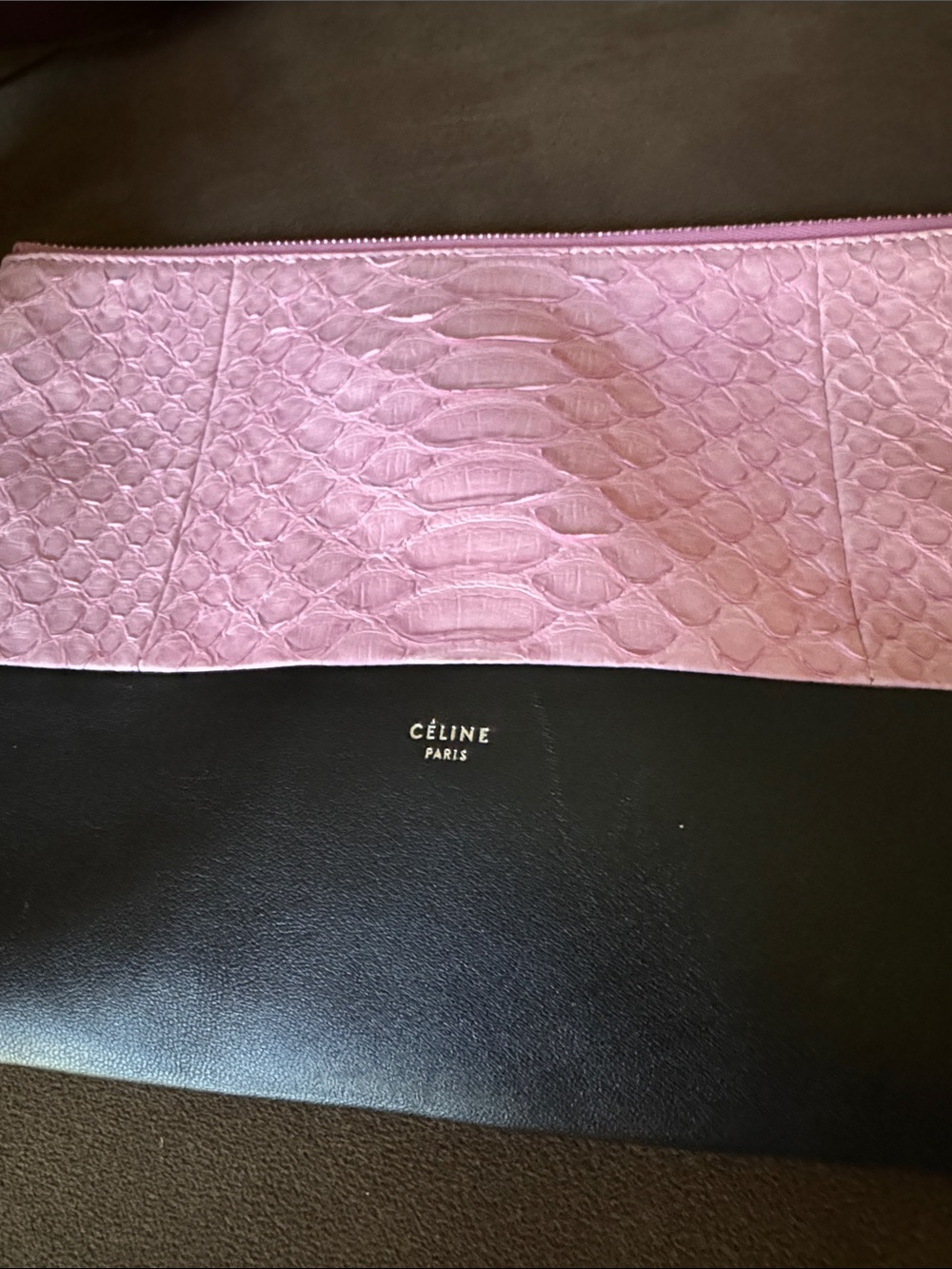 Celine Python Pink Embossed Leather & Black Leather Large Zip Clutch/Pouch - Picture 3 of 7